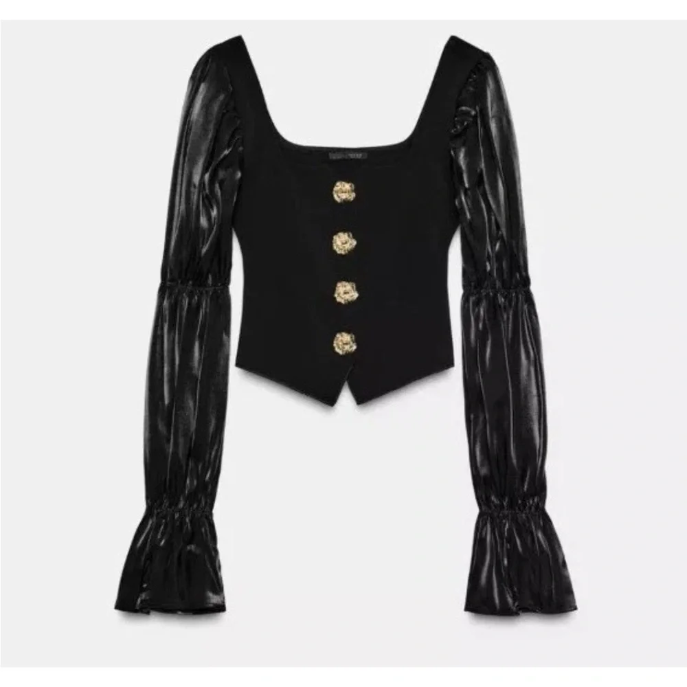 Zara Black Puff-Sleeve Button-Front Blouse - Picture 4 of 9